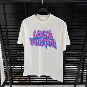 LV Graffiti Logo T-Shirt White Pink Blue Drip Graphic Men's Cotton Te